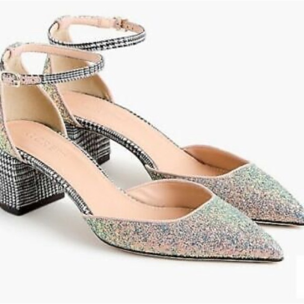 J. Crew Avery glitter tweed ankle strap block heel 7.5